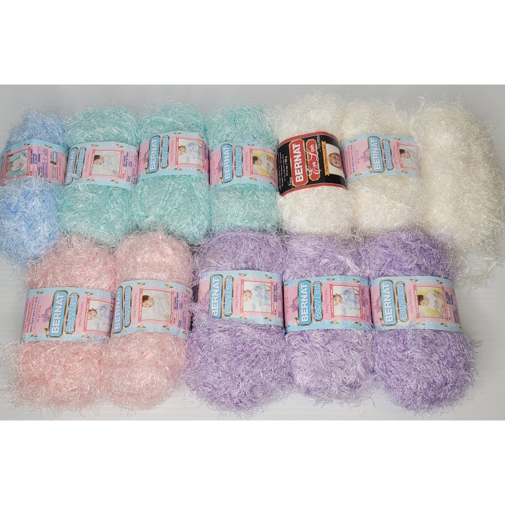 12 Skeins of Bernat Baby Eye Lash‎ Yarn Pink Purple Light Blue Light Green Cream
